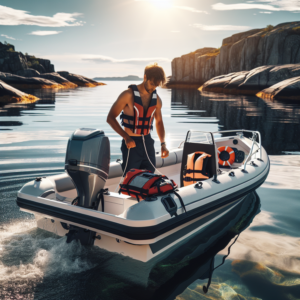 En moderne sommerbåt og vannsportutstyr ved en norsk skjærgård, sollys som reflekteres i vannet, redningsvester, solbriller og en person som gjør sikkerhetssjekk før avgang
