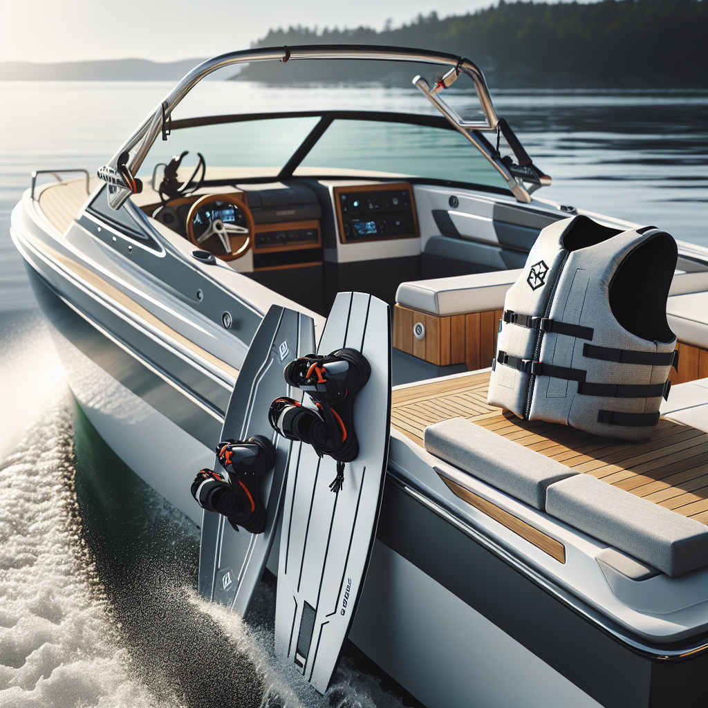 Moderne båt og vannsportutstyr ved norsk kyst ved solskinn, wakeboard og redningsvester, ren nordisk estetikk, høy oppløsning