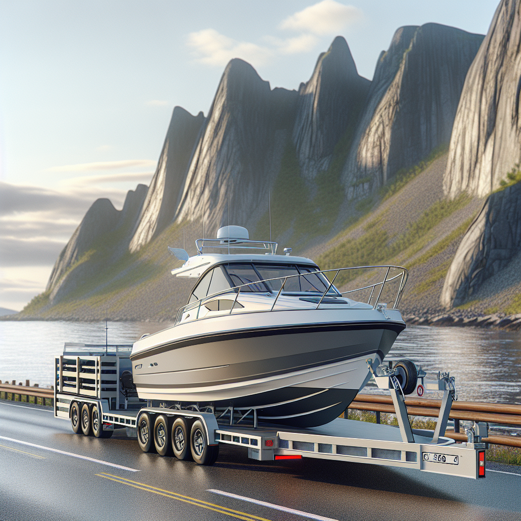 Realistisk foto av en moderne motorbåt på en trailer ved norsk kystvei, profesjonell transport, klar himmel, fokus på sikring og logistikk