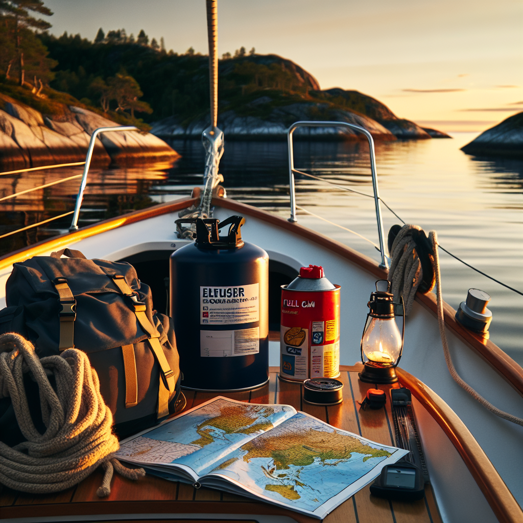 Fritidsbåt i solnedgang langs norsk skjærgård med ryggsekk, drivstoffkanne og sjøkart ombord, fokus på økonomisk planlegging og trygghet