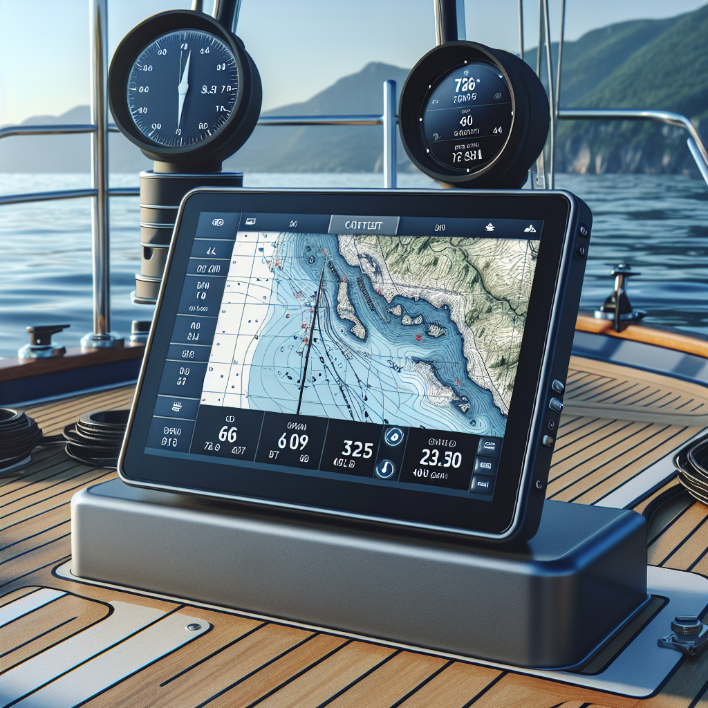 Moderne GPS-skjerm på båtdekk ved kysten, kartdisplay og nautisk utstyr, klar himmel, realistisk stil
